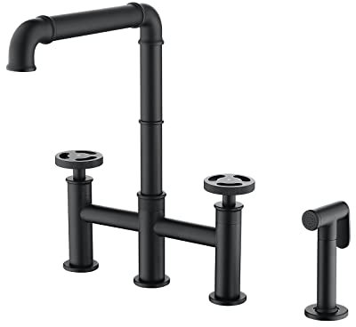Industrial Kitchen Faucets,4 Hole 2 Handle Black Kitchen Taps with Bidet Faucet, Brass Deck Mounted Cold and Hot Water Mixer Kitchen Sink Faucet