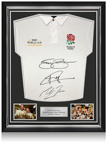 Exclusive Memorabilia England-Rugby-Trikot, signiert von Jason Robinson, Jonny Wilkinson und Martin Johnson. Überlegener Rahmen