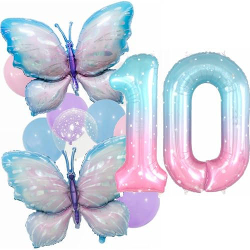 Kiwochy Gradient Pink Schmetterling Ballons 10. Geburtstag Dekoration Mädchen Deko 10 Jahre Party Set Riesige Bunte Folie Ballon für Schmetterling Party Supplies