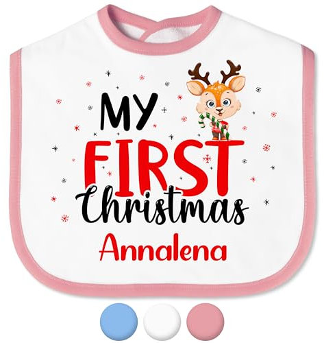 True Statements Baby Lätzchen „My first Christmas“ mit Namen personalisiert für Mädchen & Jungen - mit Klettverschluss – Spucktuch Latz Kinderlätzchen – Geschenk Weihnachten (Saum Rosa)