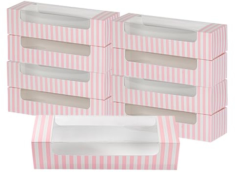 Restaurantware Pastry Tek 24,9 x 8,1 x 6,1 cm Gebäckboxen, 100 Einweg-Donut-Boxen – mit klarem Fenster, einfache Montage, gestreifte Papier-Plätzchen-Verpackungen, für Muffins oder Mini-Kuchen