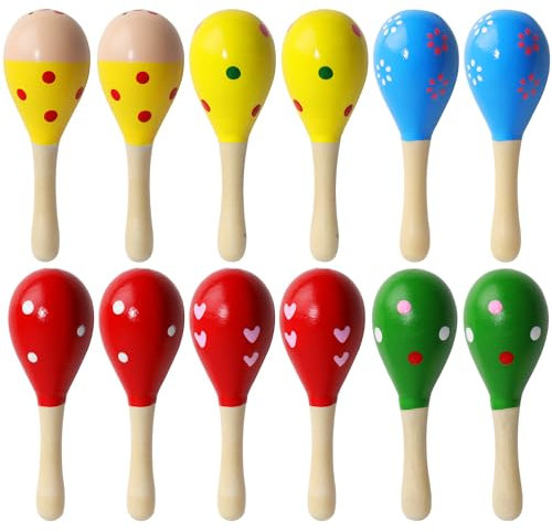 Prmape 12 Stück Mini Hölzerne Maracas, Maracas Holz Kinder, 12cm Rassel Holz Musikinstrument, Rasseln Aus Holz für Kinder, Partys und Schulen