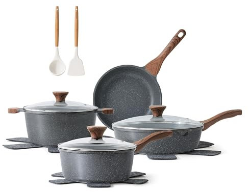 SENSARTE Nonstick Granite Cookware Set 13-Piece, Healthy Pots and Pans Set, Non-Toxic Kitchen Cooking Set with Stay-Cool Handles, Silicone Tools and Pot Protectors, PFAS and PFOA Free
