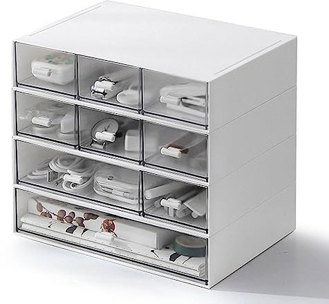 MUXHEL Stapelbarer Schreibtisch-Organizer mit 9 Schubladen, 4-tier Aufbewahrungsbox Kunststoff, Schubladenbox Weiß für Makeup,Schmuck, Bürobedarf, Stifte