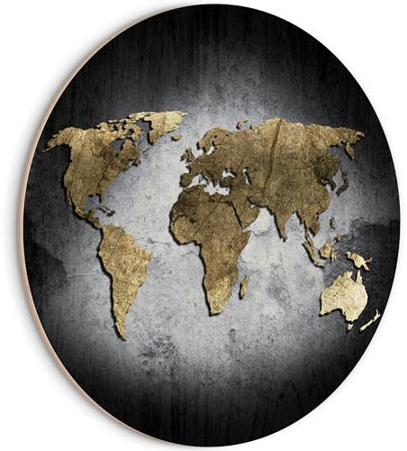 HEALANCY Bilder Weltkarte - PREMIUM QUALITÄT 100% HOLZ - KOMPLETT AUFHÄNGFERTIG - Runde Wandbilder Wohnzimmer - Modern Wanddeko - Schlafzimmer Kunstdruck - Landkarte World Map