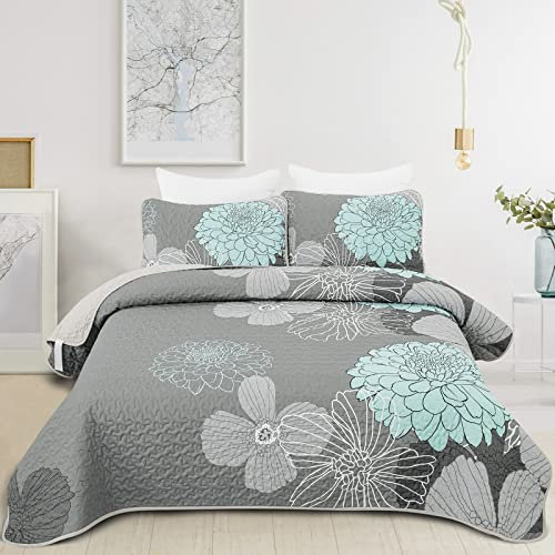 WONGS BEDDING Tagesdecke 200x220 Grüne Blumen Bettüberwurf Weiche Sommerdecke Gesteppte Decke für Doppelbett Mikrofaser Bettdecke mit 2 Kissenbezug 50x75
