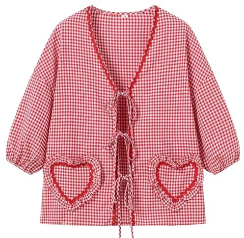 Yimoon Haut vichy à nouer sur le devant pour femme Y2K Peplum Manches bouffantes à lacets Chemisier à carreaux pour sortir Chemise à volants Kawaii Crop Tops, Rouge (01), Taille L