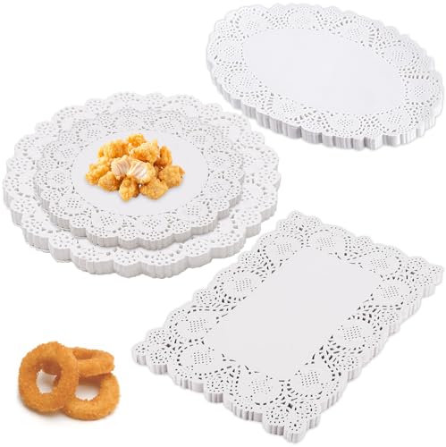 600 Stück Tortenspitze, Lace Paper Papierdeckchen, Tortenpapier, 3 Formiger Spitzenpapier, Rund Oval Rechteck, 4 Größe Papier Spitzendeckchen für Hochzeit Geburtstag Party Kuchen Pizza Pappteller