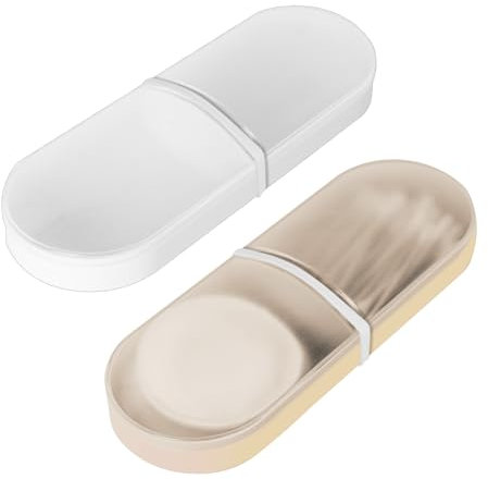 Adorila Confezione da 2 contenitori da viaggio per cotton fioc, in plastica, con 2 elastici in silicone, portatili, con coperchio (bianco, beige)