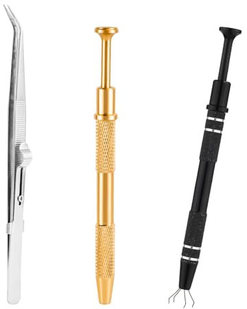 3pcs Jewelry Pickup Tools, Premium Aluminum Alloy Piercing Ball Screw Claw Removal Tool with Stainless Steel Elbow Tweezers for Jewelry Small Parts(Gold, Black, Silver)