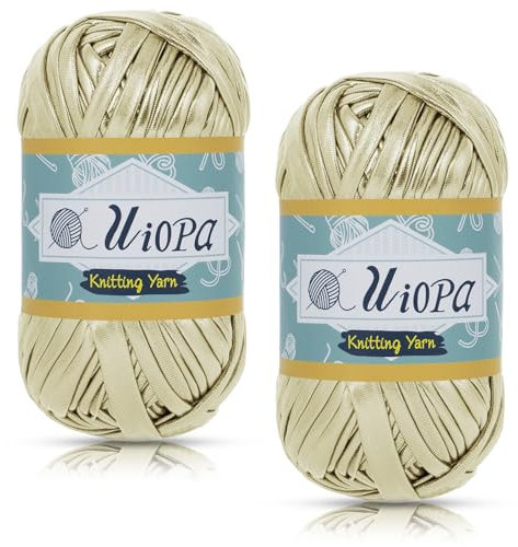 Uiopa Metallic T-Shirt Garn, 2 x 100g(2 x 45m) Bändchengarn Polyester Häkelgarn, Dickes Garn Crochet Yarn für Häkeltaschen, Körbe, Teppiche, Heimdekoration, DIY-Projekt (Champagner-Gold)