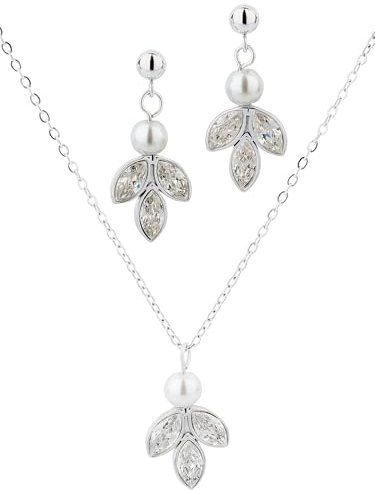 Brautschmuck: Halskette & Ohrringe aus Edelstahl mit Zirkonia & Perle (Silber)