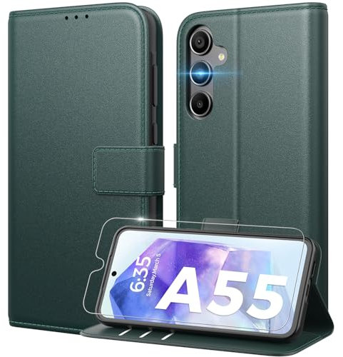 Peakally Handyhülle für Samsung Galaxy A55 5G Hülle [mit Panzer Schutz Glas], [RFID-Blockierung] Premium PU Leder Schutzhülle, Multifunktional Klapphülle kompatibel mit Galaxy A55 - Dunkelgrün
