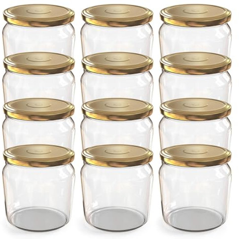 Oputec 12 barattoli per conserve da 360 ml con tappo a vite oro – perfetti per marmellate, confetture e altro ancora, barattoli con coperchio, ideali come barattoli per marmellate e barattoli a vite
