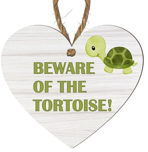 Funny Tortoise Warning Sign – Beware of the Tortoise! – Quirky Decorative Wooden Plaque – Heart-Shaped MDF Wall Décor for Home, Garden Shed, or Office – Cute and Humorous Animal-Themed Sign