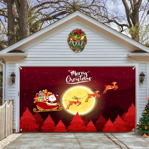 Treer Décorations de Garage Porte d'Noël,Décoration de Bannière Extérieure d'Noël Couverture de Porte Tissu de Fond pour Garage, Terrasse, Jardin, Clôture (240 * 210cm,Noël Rouge 4)