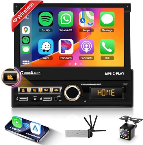 Single Din Car Stereo with Apple Carplay Wireless Android Auto, Hodozzy 7 inch Electric Flip Out Touch Screen Bluetooth Car Radio with Mirror Link FM Dual USB/AUX/SD Card Ports +Reversing Camera