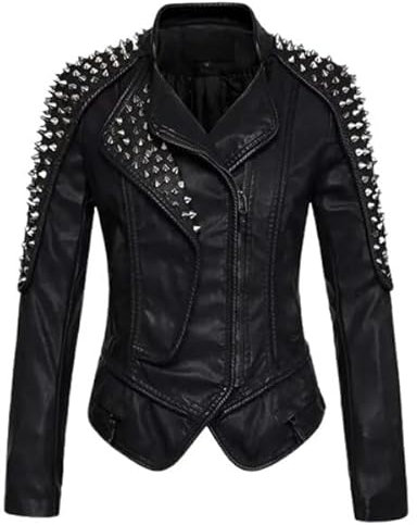 Damen Lederjacke im Punk-Stil mit Nieten, Schwarz , XS