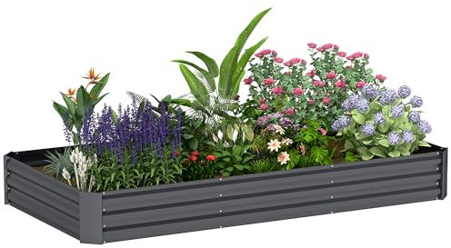 Outsunny Jardinera de Exterior, Rectangular, con Borde de Seguridad y Base Abierta, para Flores, Hierbas, 240 x 120 x 30 cm, Gris Oscuro