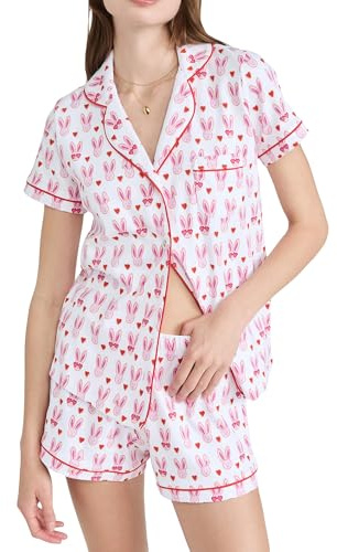 Felcia 2-teiliges Pyjama-Shorts-Set für Damen, mit niedlichem Hasen-Druck, kurzärmeliges Hemd mit Knöpfen und weitem Bein, Roller, Kaninchen, Nachtwäsche, Rot a, XL