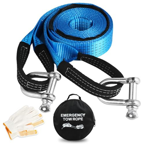Eslinga Cuerda de Remolque 5 cm x 5 m - Cuerda de Remolque para Coche de 8 Ton (17,600 lbs) - Segura y Duradera - con Guantes Antideslizantes, 2 Ganchos Reforzados y Bolsa de Almacenamiento (Azul)