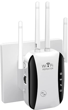 Répéteur WiFi Puissant 300Mbps, 2.4GHz Amplificateur WiFi avec WPS,Répéteur WiFi 4 Antennes, 1 Ports LAN, Compatible avec Toutes Les Box Internet, Jusqu'à 300m²| 20 appareils