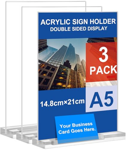 Arrobust Tischaufsteller A5 mit Visitenkartenhalter, 3 Stück Preisschilder Aufsteller Tischständer Doppelseitiger Vertikaler Acryl T-Ständer für Fotorahmen, Heim, Büro, Speisekarte, Messe (A5-3pack)