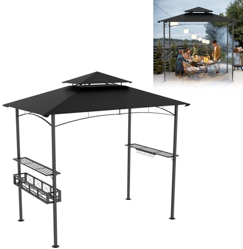 UISEBRT Grillpaviljong vintersäker med metallram och polyestertak, 245 x 153 x 250 cm, skydd mot regn och sol, inkl. förvaringskorg, paviljong baldakin för grillfester, trädgårdsterrass, svart