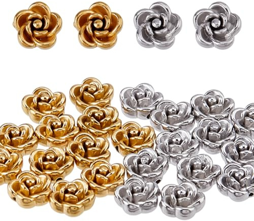 DICOSMETIC 24Pcs 2 Colors Metal Rose Flower Beads Stainless Steel 3D Rose Bead 5MM Flower Beads for DIY Necklaces Earrings Jewelry Making Valentine's Gifts, Hole: 0.8mm