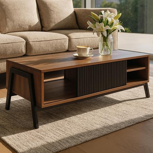 Mendler Couchtisch HWC-O40 42x120x60cm MDF - Natur | Wohnzimmertisch, Sofatisch, Staufächer, Schiebetür, Metall, Melamin