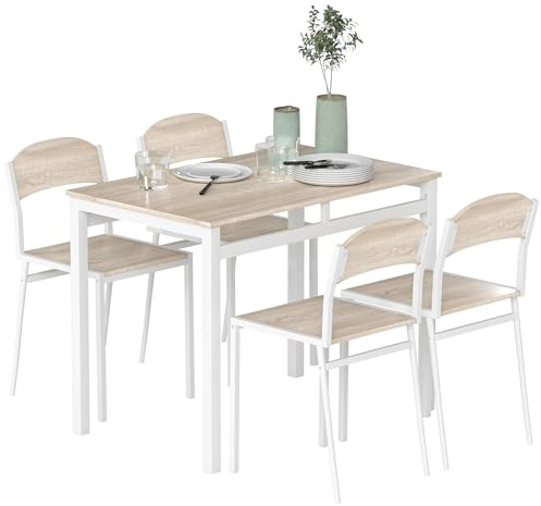 HOMCOM Juego de Mesa y Sillas de Comedor, Mesa de Cocina Rectangular con 4 Sillas, Estilo Moderno, Marco Metálico, para Espacios Pequeños, Salón, Gris y Blanco