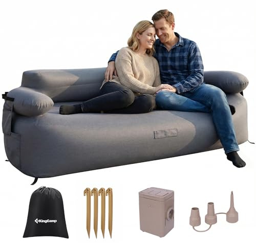 KingCamp Aufblasbares Sofa Camping mit Elektropumpe, bis 400 kg, Grau | Luftsofa Outdoor, 4 Heringe & Seitentaschen, 2-in-1 Sofa Bett Aufblasbar, Doppel Camping Couch, für Strand Garten