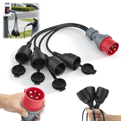 CEE Adapter Starkstrom Verteiler 400V 16A auf 4 x 230V Kupplung Verlängerungskabel, 0.5m Verlängerungskabel mit Klappdeckel & Schutzkontaktsteck für Caravan, Camping, Industrie