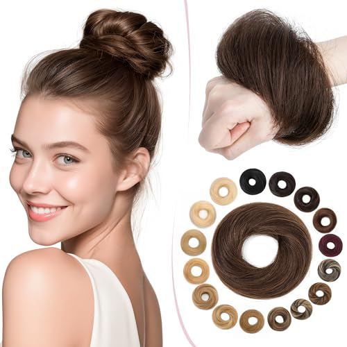 SEGO Pro Haarteil Mit Gummiband Echthaar Dutt Haarteil Echthaar Haargummi Mit Haaren Glatt Hair Messy Bun Hochsteckfrisuren Haarverlängerung für Damen Mädchen 17g - Glatt Mittelbraun#4