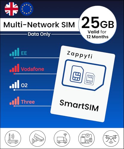 Zappyfi Data-Only Multi-Network SIM Card, 4G/5G, Auto-Switch EE, Vodafone, O2 & Three, Prepaid PAYG, UK & EU Roaming Travel SIM, for Phones, Routers & IoT Devices (25GB | 12 Months)