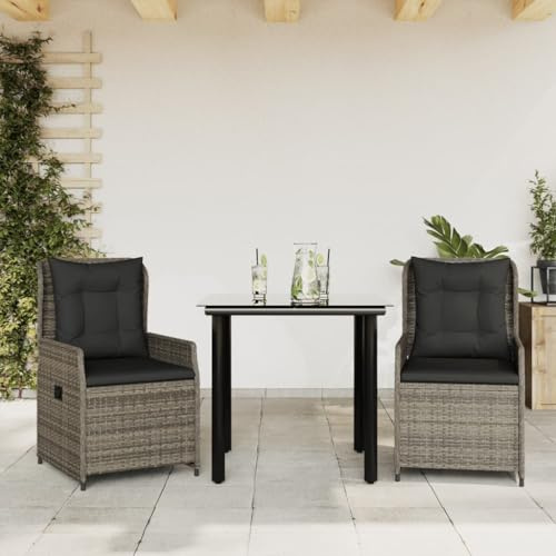 Hoopleep 3-TLG. Garten-Essgruppe mit Kissen, Grau Poly Rattan, verstellbare Relaxsessel, 80x80cm Tisch für Outdoor Terrasse und Gartenmöbel