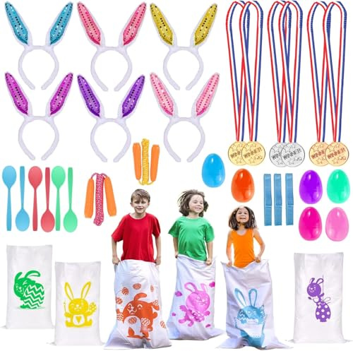 corgi butt 29Pack Easter Party Games for Kids - Potato Sack Race Jumping Bags Bunny Ears Headbands Egg Spoon Relay Races Easter Party Supplies
