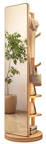 Générique Miroir Pleine Longueur Rotatif à 360°, Miroir Porte-vêtements en Bois Massif avec étagères de Rangement, Miroir de Corps pivotant sur Pied Robuste et Peu encombrant