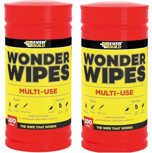 Wonder Wipes – 2 x Tubs of 100 | 200 Multi-Purpose Cleaning Wipes for Hands, Tools & Surfaces | Removes Paint, Sealant, Adhesive, Grease, Grime & More | Ideal for Builders, Decorators & DIY Use