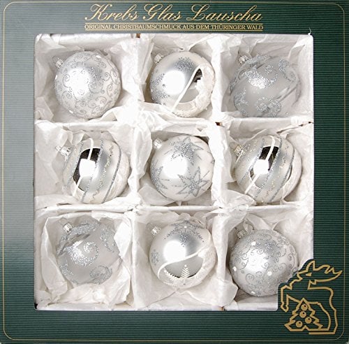 Krebs Glas Lauscha - Weihnachtsdekoration/Christbaumschmuck aus Glas - Satin-Glaskugelsortiment - Farbe: Silber - Inhalt: 9 Stück - Größe: ca. 8 cm