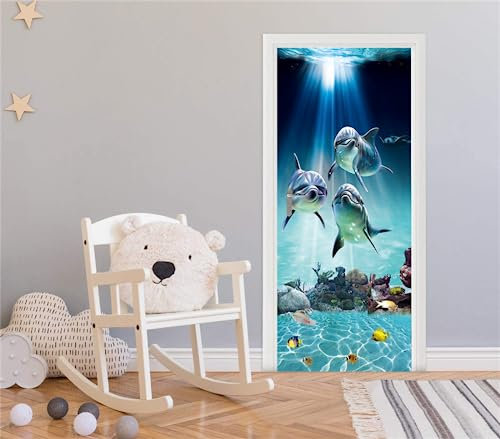 FLFK 3D Türtapete Selbstklebend TürPoster 77x200cm-Delfin Türaufkleber Abziehen und Aufkleben Mauer Aufkleber Zuhause Dekor(2 Stk/Set)