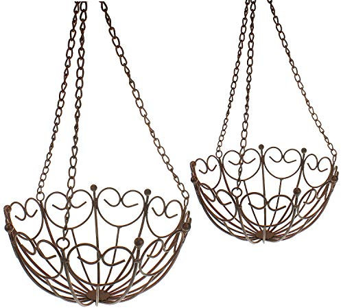 MACOSA SA79664 Hängekorb 2er Set Dunkelrost Metall-Korb Landhausstil Ablagekörbe Küchenampel hängend Blumenampel Küche Obstampel Deko-Korb Vintage