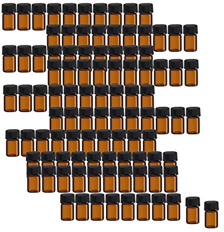 Bouteilles en Verre d'huile Essentielle d'ambre de 100 pièces avec réducteurs d'orifice et Bouchons pour mélange d'huile, Parfum, Produit Chimique de Laboratoire (2 ML)