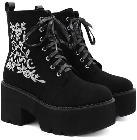 Womens Platform Boots Round Toe Chunky Ankle Boots Punk Boots Lace Up&Zipper Combat Boots