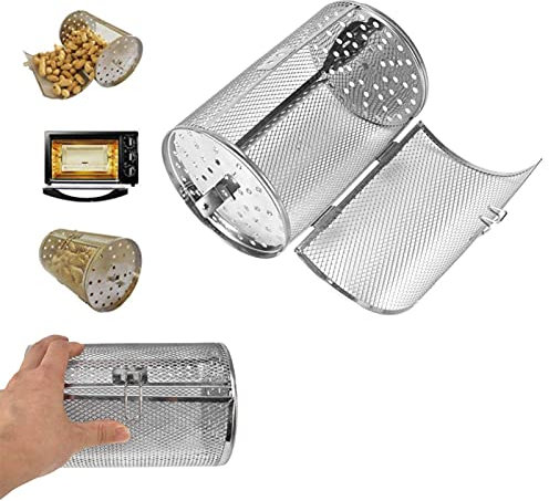 HERCHR Cestello per girarrosto, cestello per griglia in Acciaio Inossidabile Tamburo per arrosti per cuocere Noci, Fagioli, Cesto di Arachidi, griglia per Barbecue, 12 x 18 cm