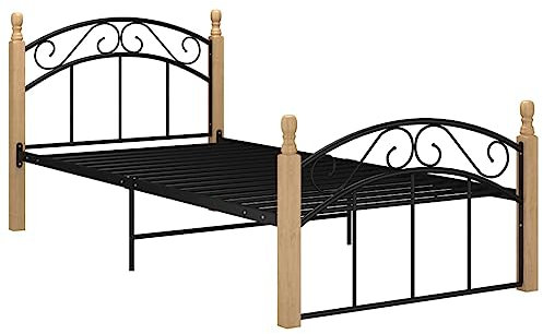 vidaXL Eichenholz Massiv Bettgestell Metallbett Bett Schlafzimmerbett Lattenrost Einzelbett Bettrahmen Schlafzimmermöbel Schwarz Metall 90x200cm
