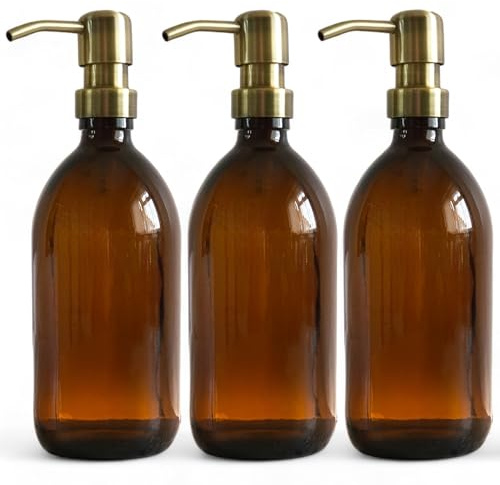 Amber Glass Bottles 500ml Soap Dispenser with Metal Pump (BPA-Free) Brown Glass Empty Soap Dispensers – Reusable Refillable Eco friendly, Sustainable Living/Gift (Antique Brass, 3)