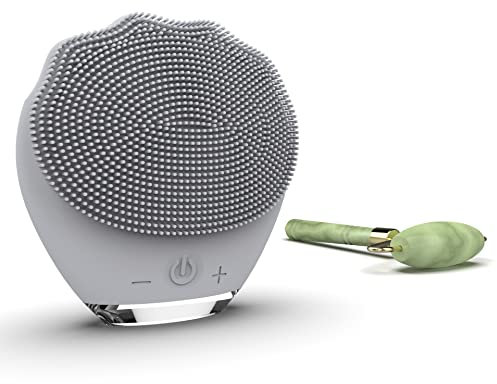 Wottocare Wiederaufladbares Silikon-Gesichtsreinigungs- und Massagegerät mit natürlicher Jade-Rolle und Tragetasche - Intelligente Reinigung für alle Hauttypen - Anti-Aging-Massagegerät - Grau