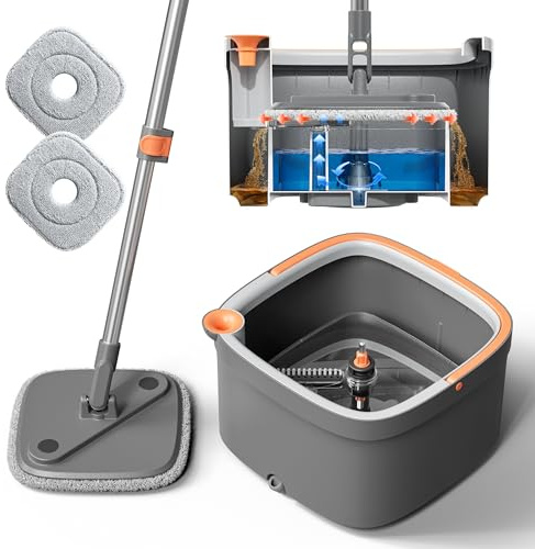 Schleudermopp und Eimer-Set mit selbsttrennendem Schmutz- und Sauberwassersystem, selbstauswringend, 360° drehbarer quadratischer Moppkopf für Hartholzfliesen, Marmorböden