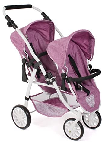 Bayer Chic 2000 - Puppenwagen Vario, Zwillingspuppenwagen für Zwei Puppen, Zwillingsbuggy für Kinder von 4 bis 8 Jahren, Jeans pink, 71 x 47 x 79 cm